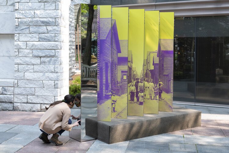 Reflect and Refract Democracy an interactive system of reflections, refractions, and nonlinear history celebrating the system of democracy by New York artist Rose DeSiano in the Cleveland Public Library Eastman Reading Garden.